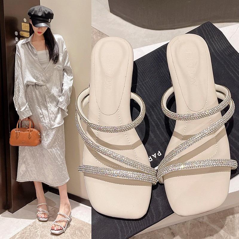 Slippers New Style Shoes One-strap Shoes Flip-flops Square Toe Thick-heeled High Heels