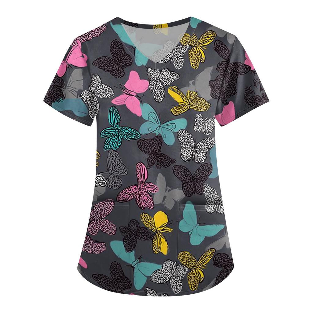 Women's Short Sleeve V Neck Vintage Floral Print Pocket Nurse Scrub Top Medical Uniform Shirt for Healthcare Professionals