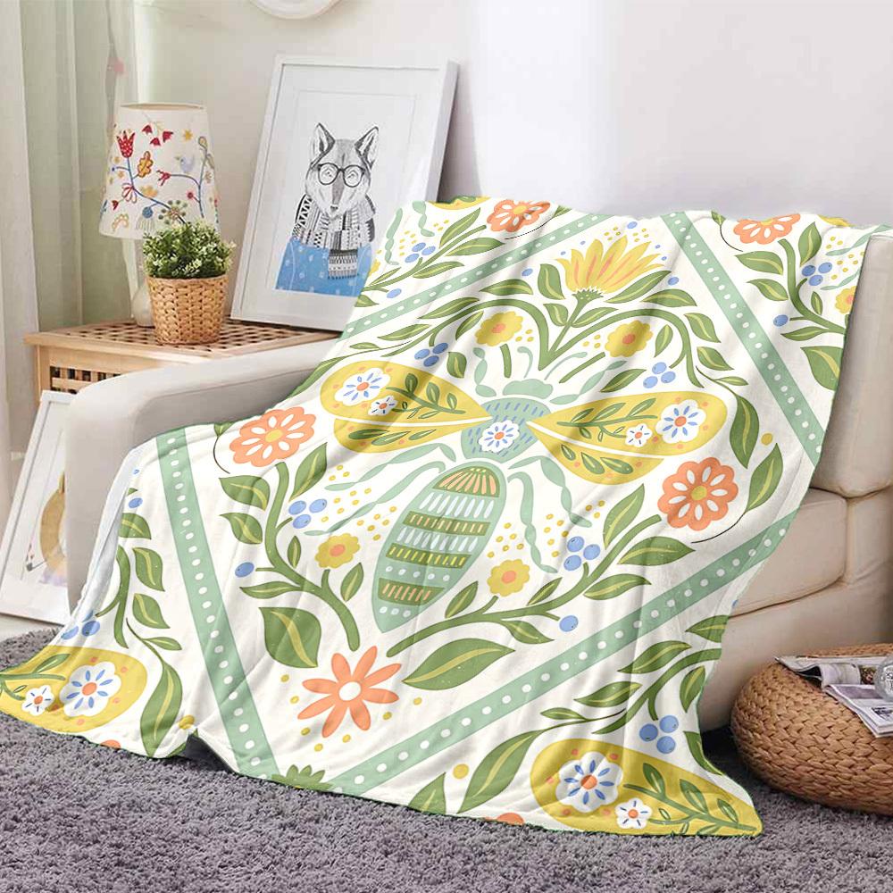 1pc Floral Bee Lightweight Flannel Blanket, Comfortable and Warm Blanket, for Office and Camping Sofa Bed139