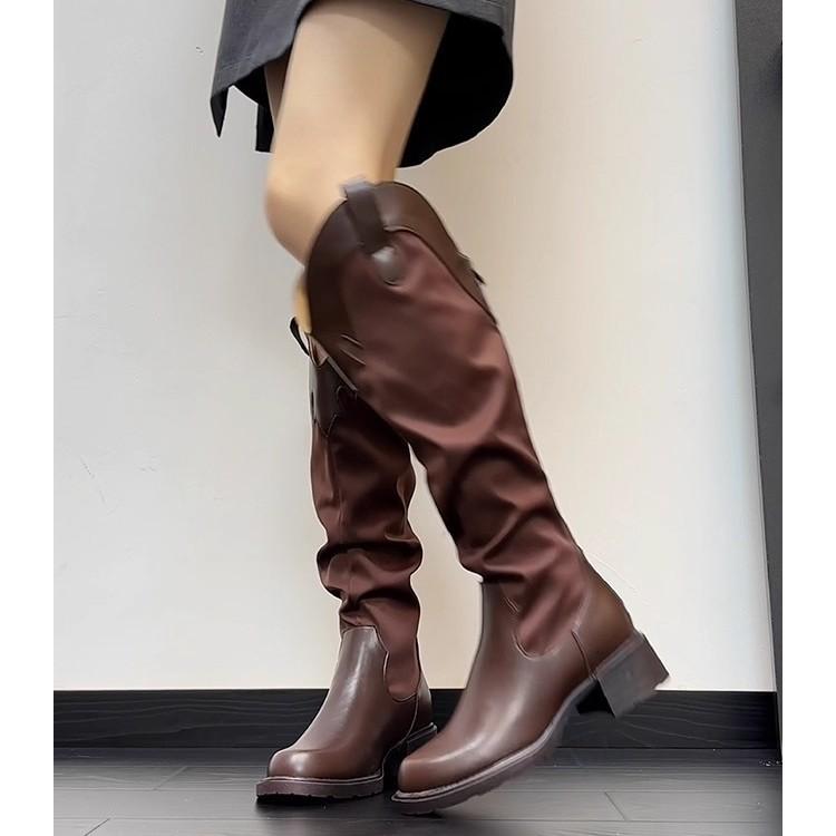 British style thick heel but knee boots women's 2025 new versatile tall tube pleated pile boots western knight boots