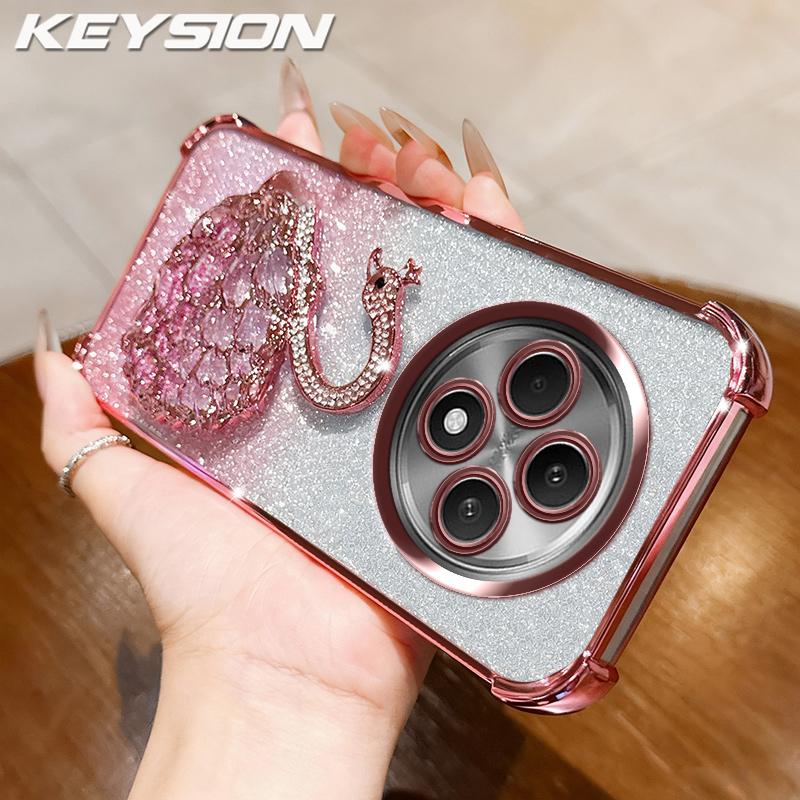 

KEYSION Протиударний чохол з покриттям для телефону OPPO Reno12 F 5G Прозорий ТПУ Блискучий Інкрустований Лебідь Підставка Задня кришка для OPPO Reno12F 4G for OPPO Reno12 F 5G рожевий