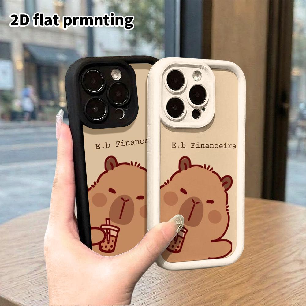 Phone Case: 2D Flat Design Suitable for iPhone 18 17 16 15 14 13 Pro Stepped Protective Case, Drinking Milk Tea Capybara, Christmas and Halloween Gift