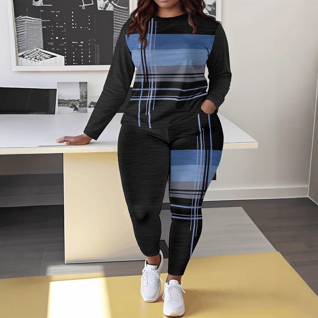 1116 New Casual Fashion Long Sleeve Crew Neck T-Shirt Yoga Pants Set