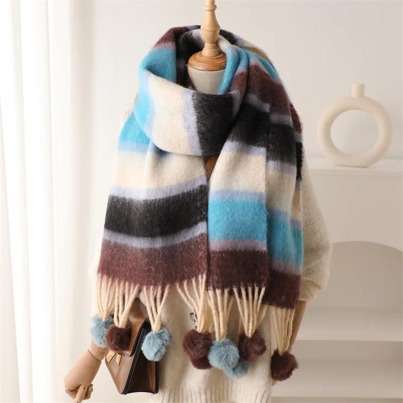 Women Cute Winter Warm Thicken Scarf Men Cashmere Imitation Scarves Fashion Girls Soft Fringed Hairball Holiday Gifts Cold Proof