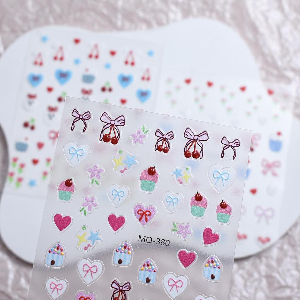3D Cute Bow, Cherry, and Heart Embossed Nail Stickers - Self-Adhesive Decals
