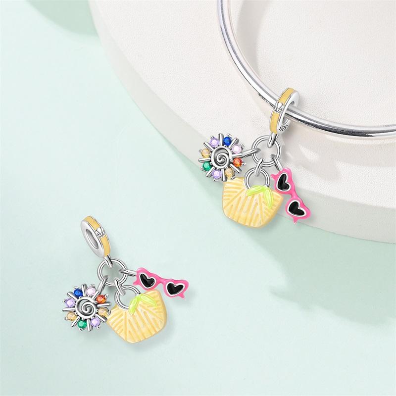 Happy Summer 925 Silver Seaside Vacation Island Coconut Tree Sunglasses Juice Charms Beads Fit Qikaola Bracelets DIY Jewelry