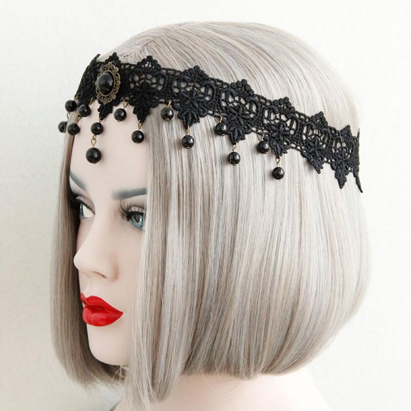 Beads Black Hairbands For Women Girls Neo-Gothic Flower Lace Tiara Headdress Female Halloween Party Fashion Noble Jewelry