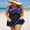 European & American Plus-Size Tankini Swim Skirt Set - Blue/White/Red Printed Patchwork
