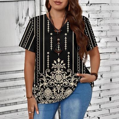 Camiseta de manga corta con cuello en V y estampado geométrico de corazones para mujer, tallas grandes XL-7XL