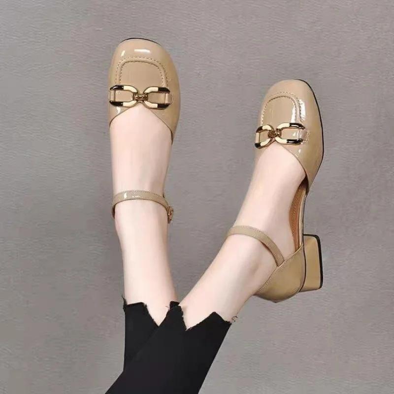 Fashion Block Heel Ladies Footwear Cute Metal Decoration Women's Shoes Chunky Heels Luxury Leather Casual Low Elegant Round Toe Kawaii E
