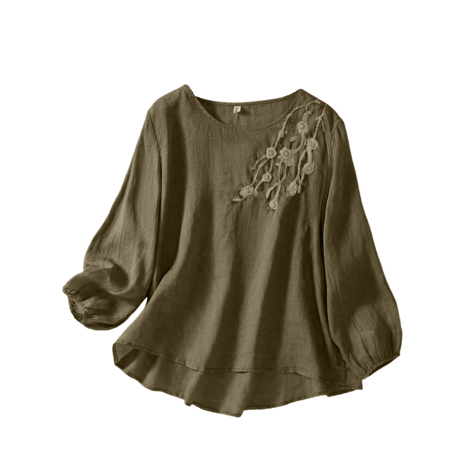 

Women s Color Cotton And Linen Long-sleeved Embroidered Retro Breathable T-shirt Round Neck Top L