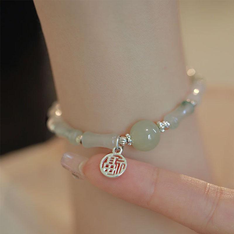 Qinghe Tianshan Green Bamboo Knot Hetian Jade Bracelet for Women with Fortune Pendant, New Chinese Style National Style Jewelry