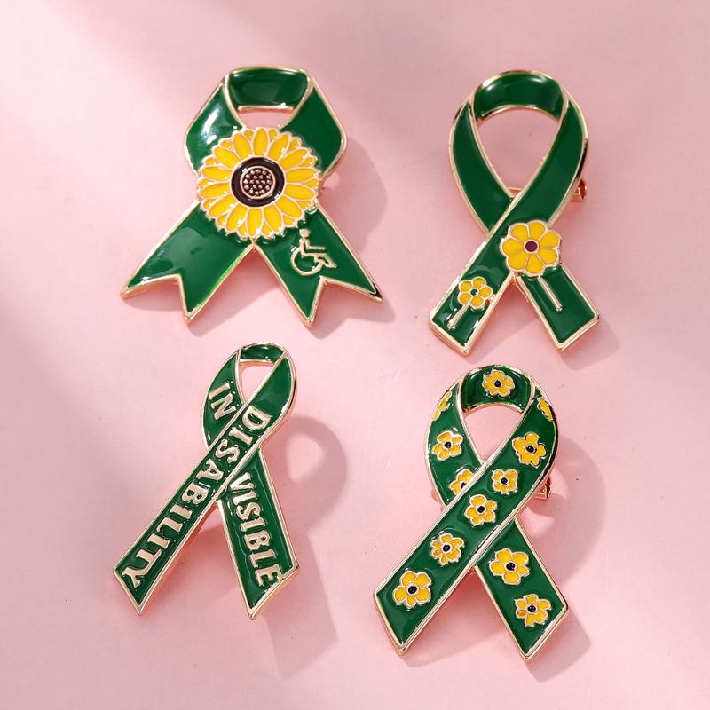 Sunflower Pattern Red Ribbon Theme Lapel Pins Green Disability In Visible Enamel Brooches For Disabled Person