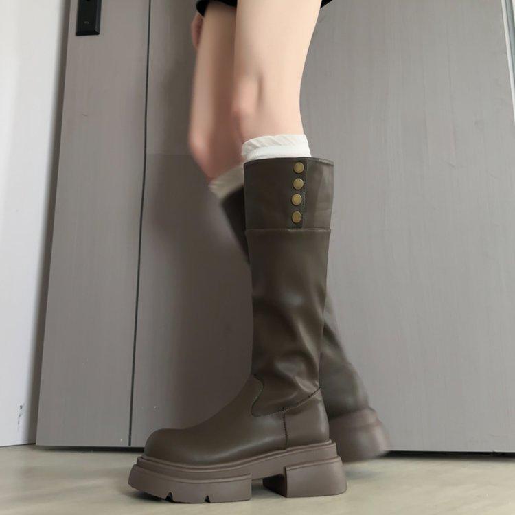 Genuine leather~ Jiaoyu pleated piled boots can be folded twice, brown long boots, thick heels and thick soles, but knee knight boots.