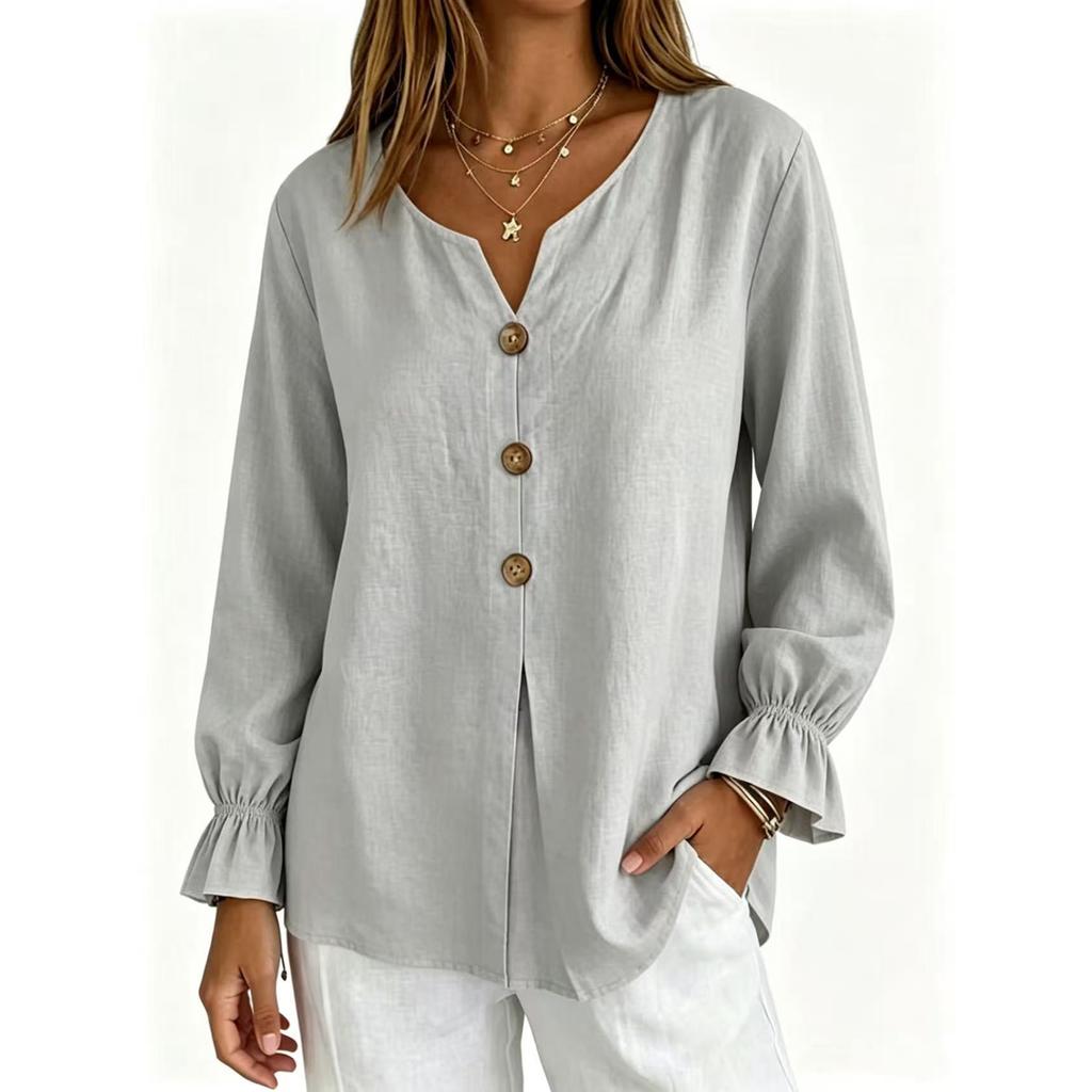 Women Button Long Sleeve Linen Cotton Blouse Casual Loose Fit Lightweight Breathable Top with Elastic Cuffs and Front Button Closure