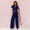 Polka Dot Wide Leg Jumpsuit Sexy Slim Waist Short Sleeve Dolman Neck Solid Color Trousers