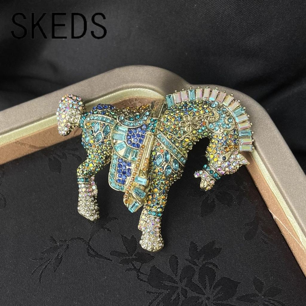 SKEDS Vintage Baroque Animal Brooches Large Size Horse Pins Mid-Century Creative Design Jewelry Shiny Rhinestones Corsages