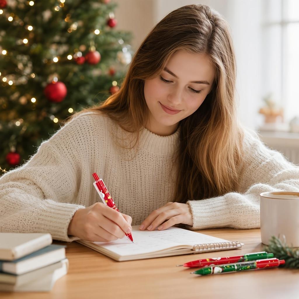 20pcs Christmas Themed Push-Type Ballpoint Pen Set, 0.5mm Black Ink, Suitable for School and Daily Office Stationery, Great Christmas Holiday Gift