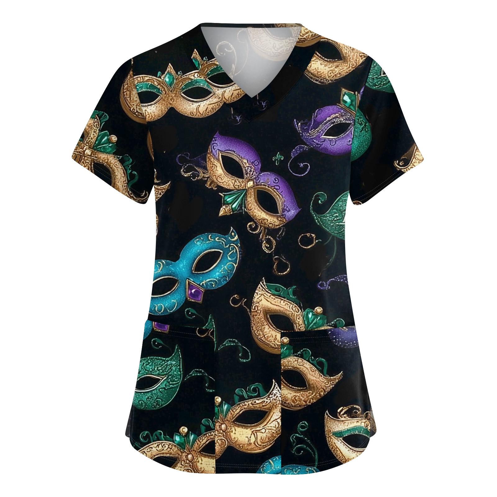 

Women s Cute Printed Work Clothes V-neck Double Layer Pockets Basic Short Sleeve Top Pullover S тёмно-синий