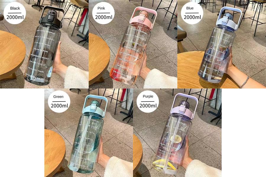 

2L Sports Water Bottle with Straw Portable Large Capacity Water bottles Fitness Bike Cup Summer Cold Water Jug with Time Marker 2.0L