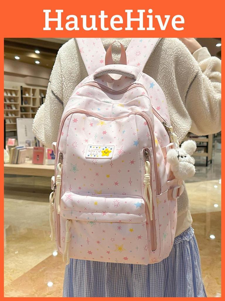 Inspired Star Print Nylon School Bag With Padded Shoulder Straps For Teens