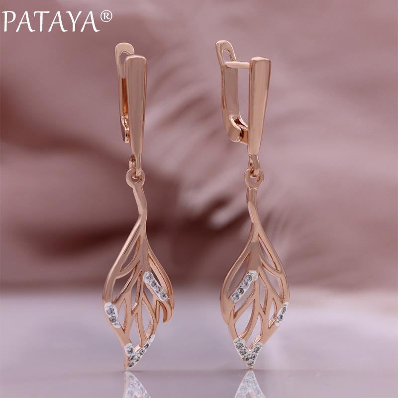 PATAYA Rose Gold Farbe Und Weiß Beschichtung Künstliche Zirkon Blatt Form Süße Ohrring