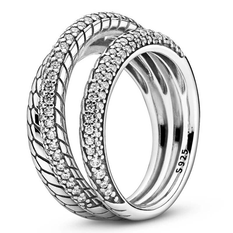 Original  Sterling Tone Triple Band Pave Snake Chain Women Pattern Rings Sparkling Bar Stacking Rings Fashionable Stylish JewelryFashion
