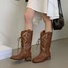 Fashion 2025 Autumn Winter New Lace-up Round Head Mid-calf Boots for Women Embroidered Boot Female Female Chunky Heeled Botas Femininas