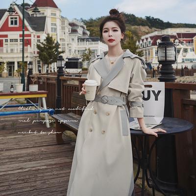 Women's Contrast Color Temperament Hooded Windbreaker Women's Long New Korean Style Double-breasted Loose Large Size Windproof Coat Jacket