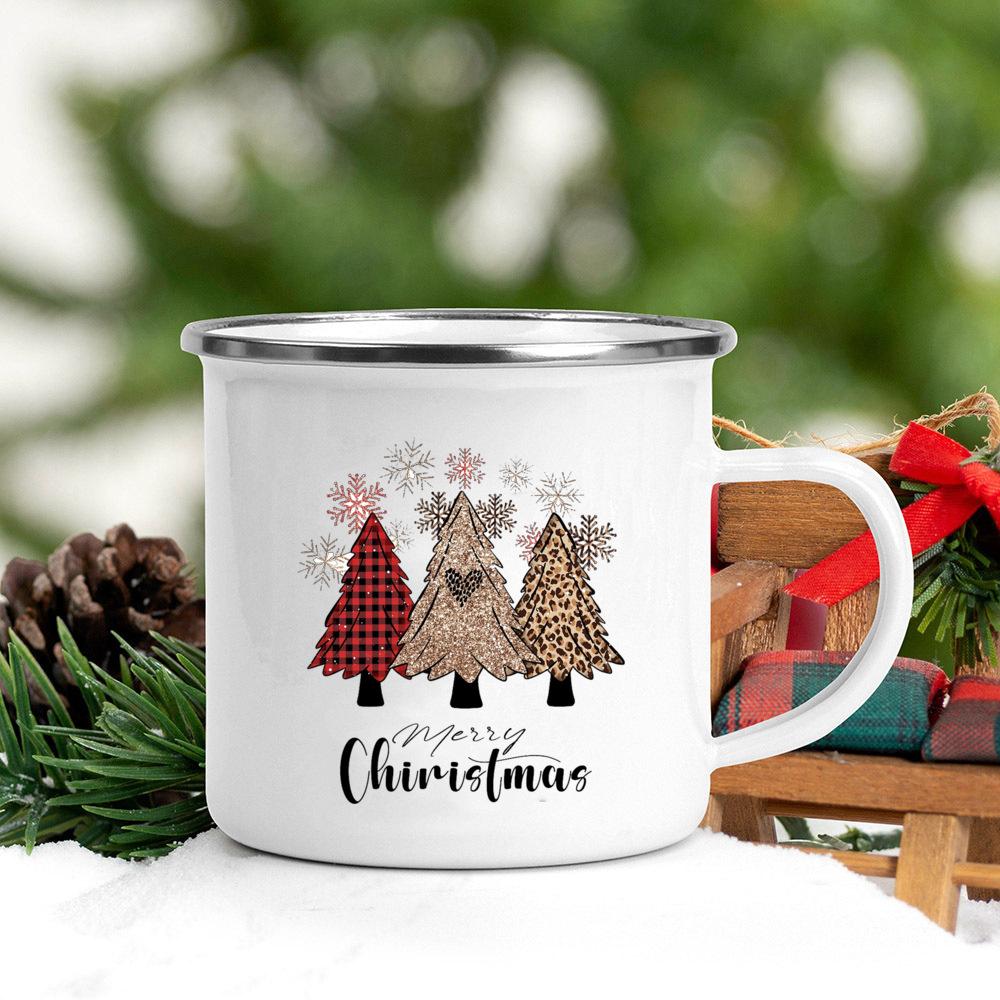 Santa Deer Truck Print Creative Enamel Cups Christmas Party Drink Juice Hot Cococ Cup Mugs Handle Mug Gifts for Family Friends
