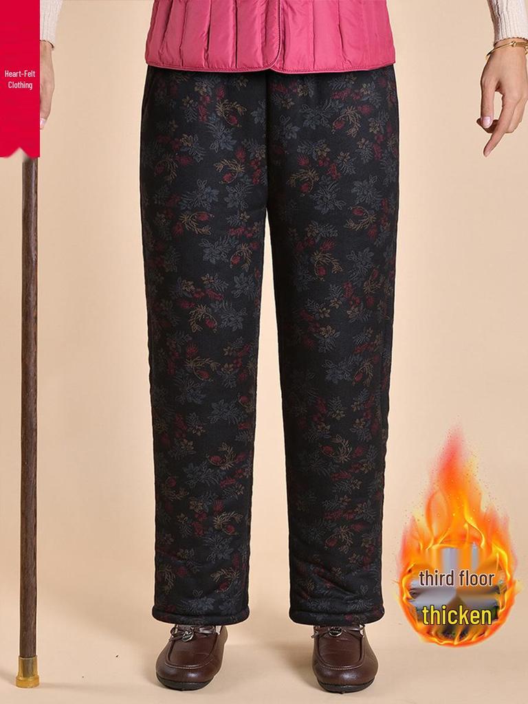 Grandma's Warm Cotton Fleece Pants: Cozy, Loose-Fitting Floral Design for Middle-Aged and Elderly, Ideal for Autumn and Winter Wear.