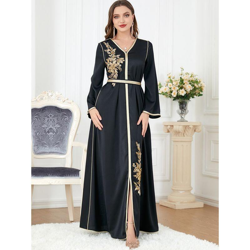 

V Neck Long Sleeves Indonesia Dress Dress Sequin Embroider Black 2XL