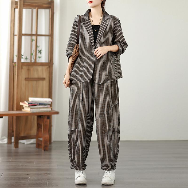 Striped Cotton and Linen Fashion Suit Female Spring and Fall Fashion Literary Leisure Suit Loose Haren Pants Two-piece Set