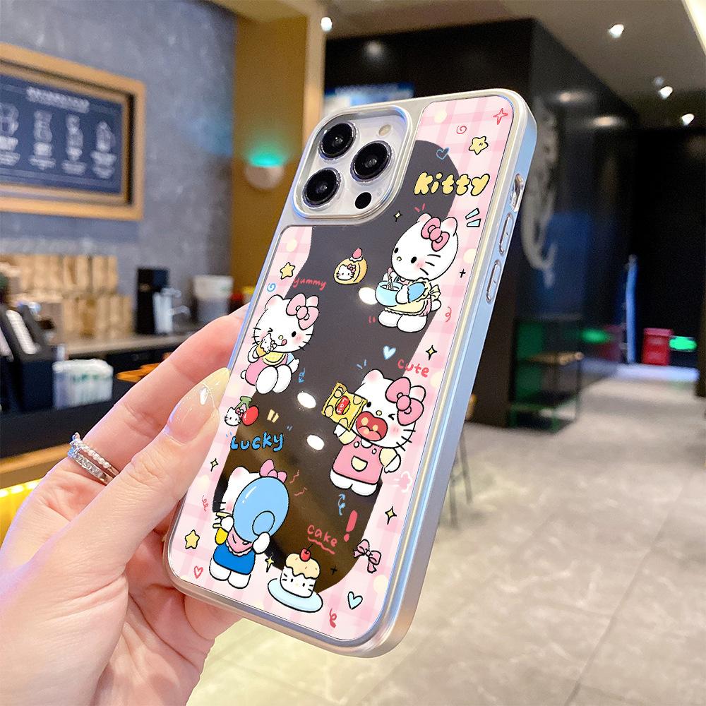 ins wind powder grid Kitty mirror iPhone16 mobile phone case Apple 17 cute makeup mirror mobile phone case 13pm
