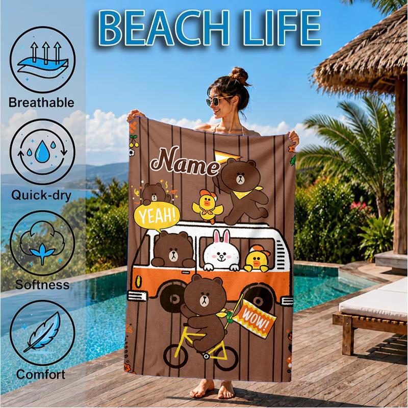 Custom Name Happy Valentine's Day Brown Bear Beach Towel Microfiber Beach Towel, Lightweight and Quick-Dry, for Summer Travel, Swimming Pool Gift