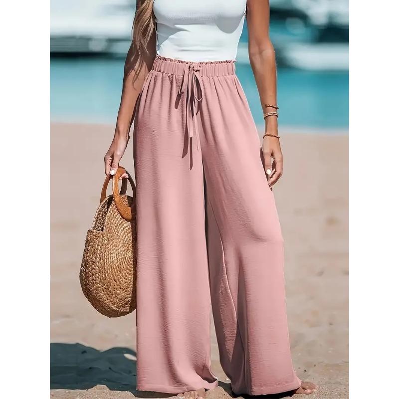 Vacation Style Wide Leg Pants Women's High Waist Elastic Drawstring Design Loose Dipping Straight Casual Beach Pants