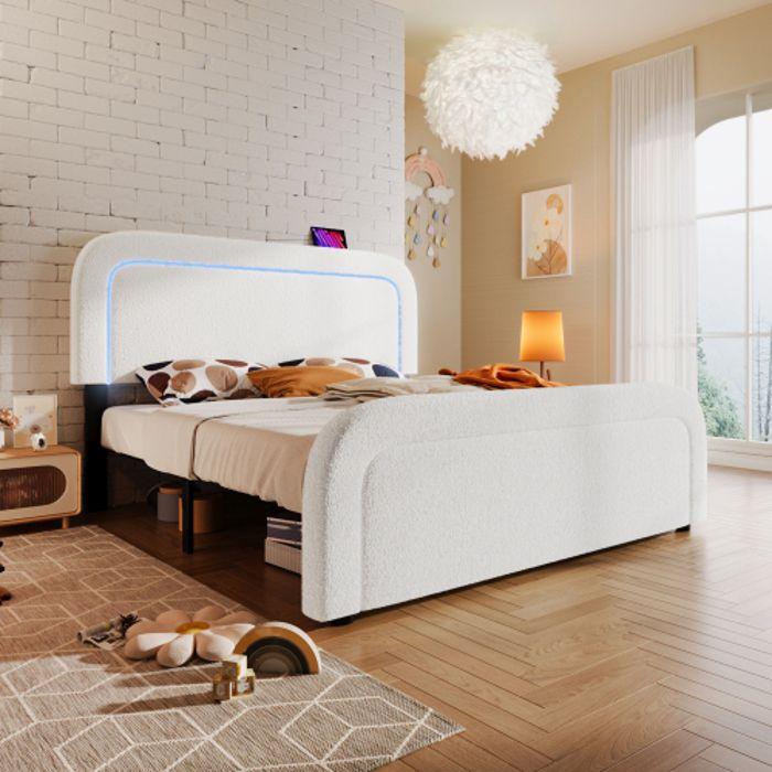 Cadre de lit - MUVOE - 160x200 cm - Chargeur USB Type C - Éclairage LED - Rembourré Sherp-white
