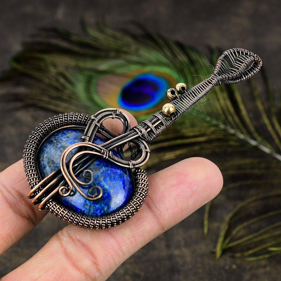 Natural Lapis Lazuli Gemstone Handmade Copper Wire Wrap Pendant 3.82 Z8M71