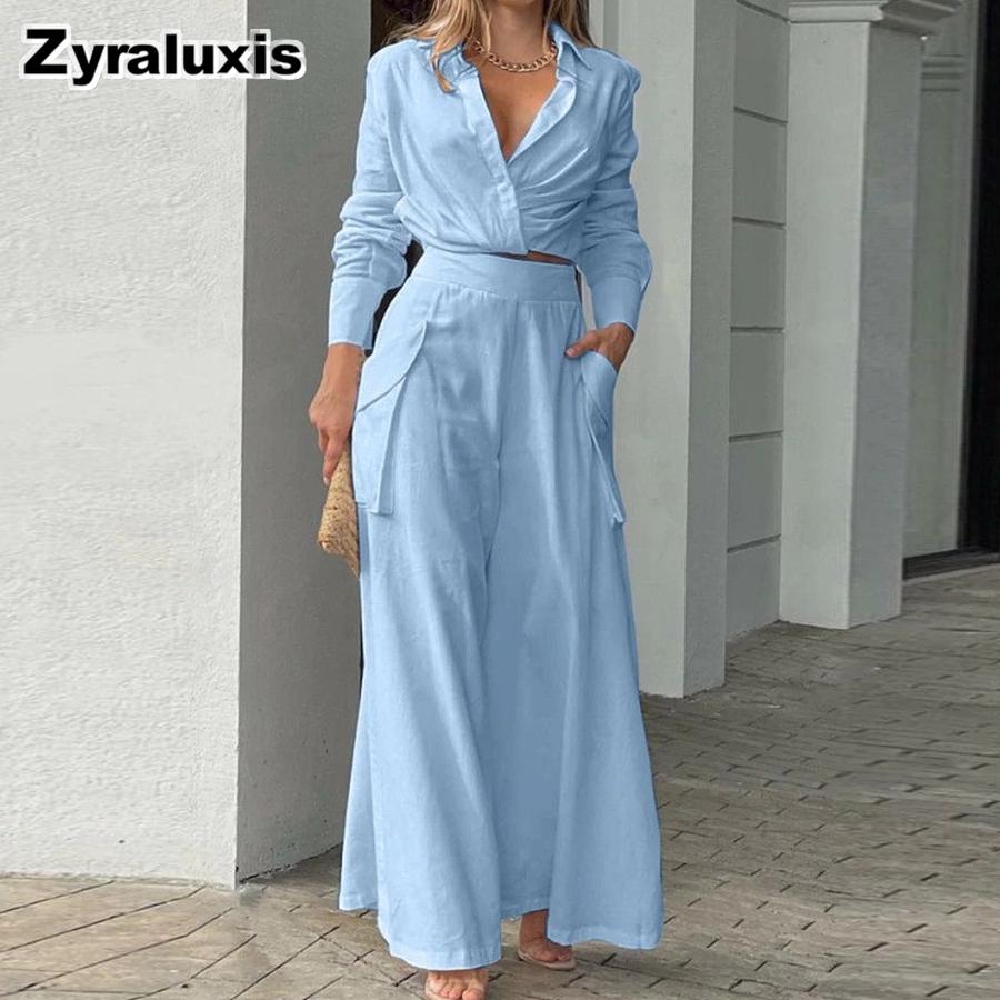 Women's New Style Temperament Solid Color Long Pants V-Neck Blouse Set Multi-Color