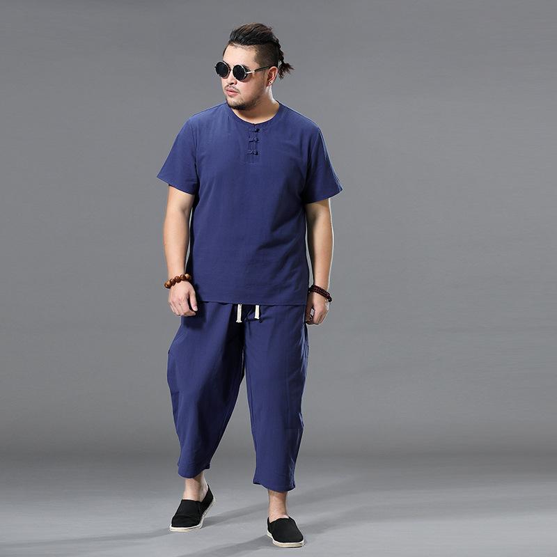 Summer linen suit men's buckle short-sleeved t-shirt ice silk thin trendy men's Chinese shorts cotton and linen two-piece set