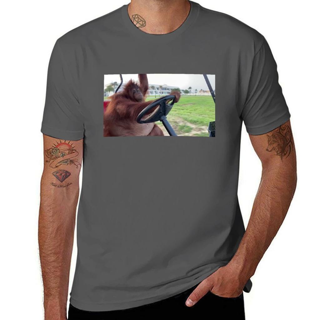 Orangutan Driving Golf Cart Tshirt Basic Solid Color Short Sleeve Cotton Top