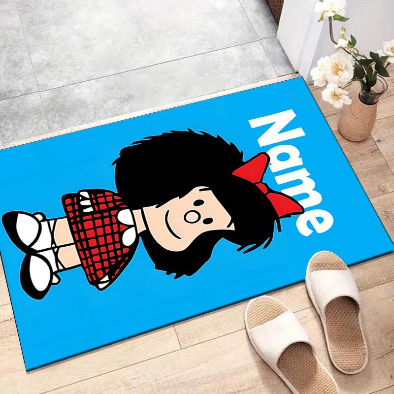 Custom Mafalda Mat Personalized Name, Polyester Washable Indoor Entryway Rug, Gift for Christmas, Easter, Thanksgiving Day