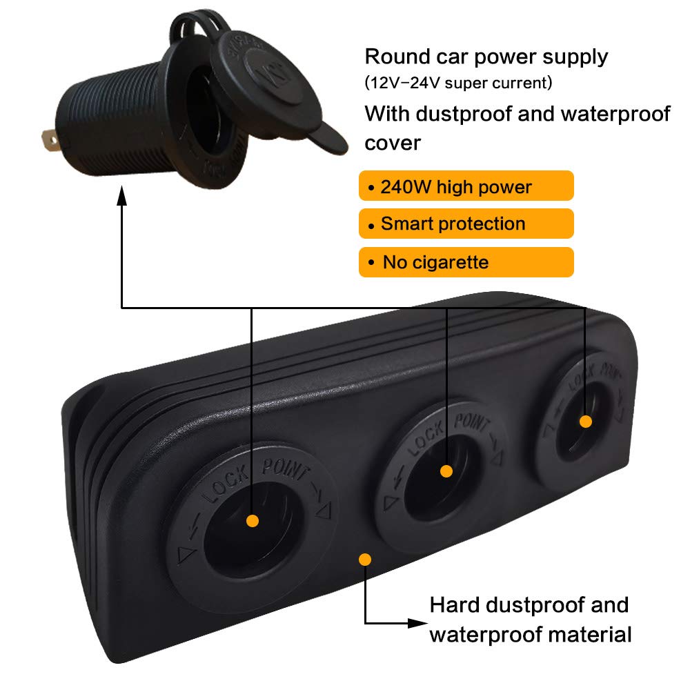 3 In 1 Tent Type 12-24V Cigarette Lighter Power Sockets Combination Automotive Accessory Outlet for Car Rv Truck Marine Boat