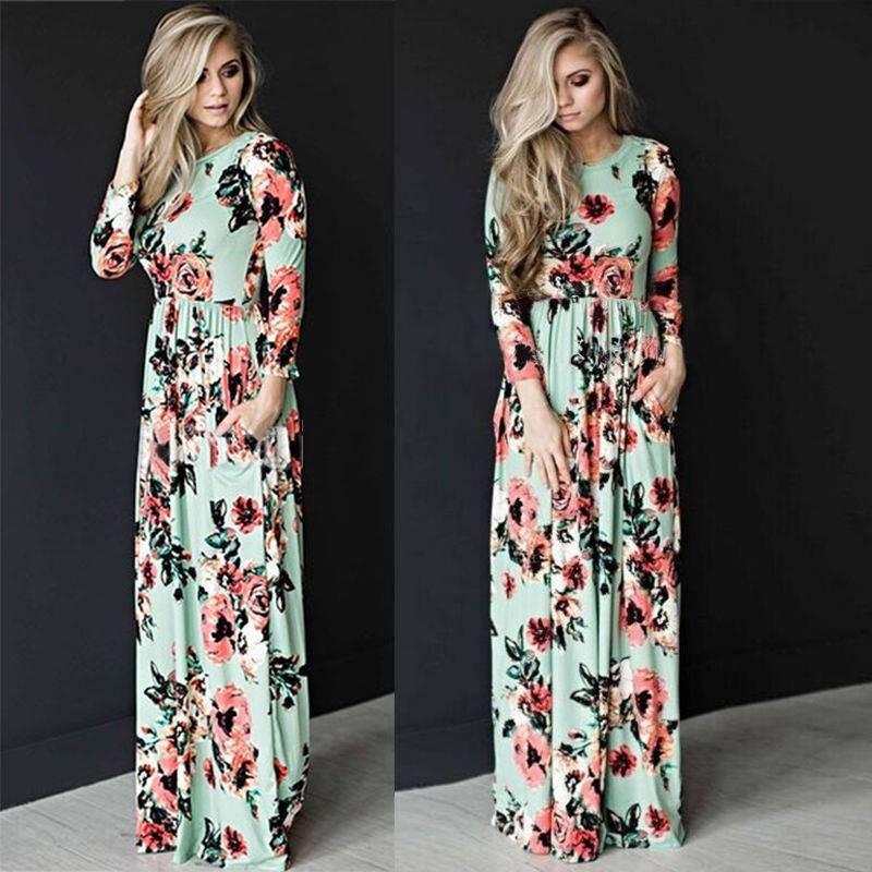Elegant Summer Floral Print Long Sleeve Dress For Women In White Pink Green And Navy Blue