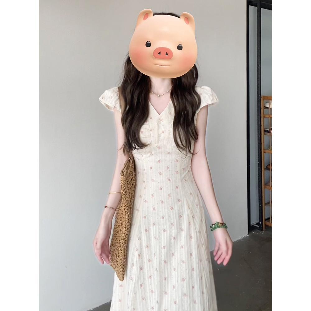 

Новое цветочное платье с V-образным вырезом для девочек, летний темперамент, маленькие рукава-крылышки, белое платье с поясом XL- (recommended 110-60kg)