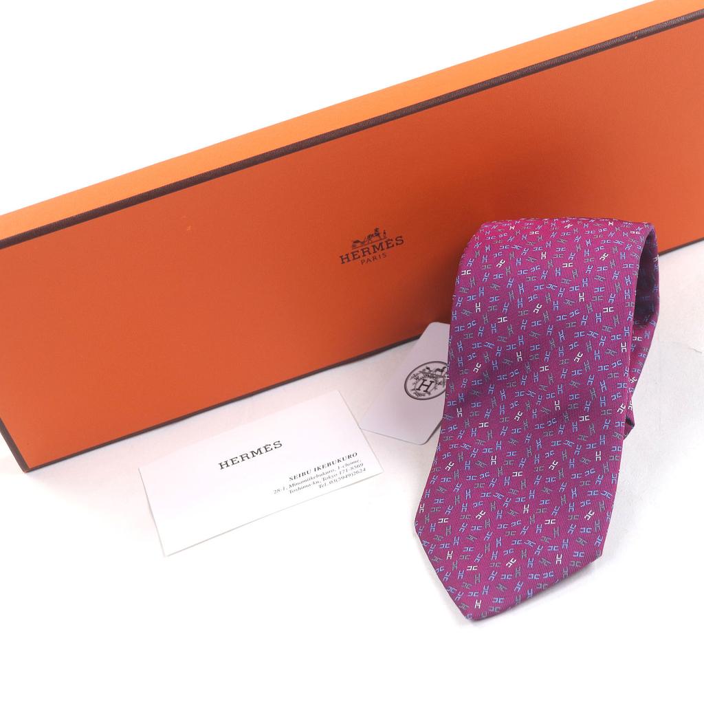 Pristine HERMES Tie H Logo Whole Pattern Purple Silk Mens 659194T Used