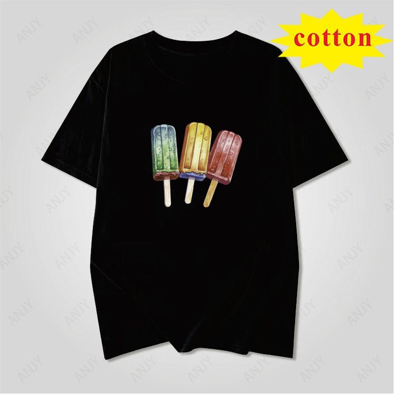 Summer Fresh Color Popsicle Handpainted Pattern Loose Casual Round Neck Short Sleeved Top