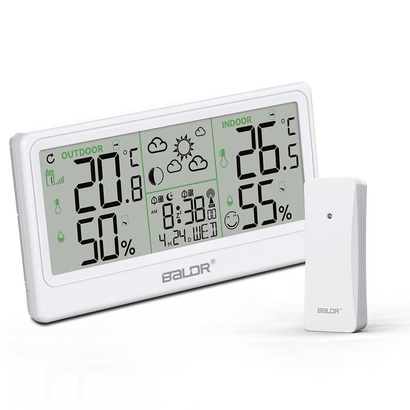 Baldr 8.5" Large Screen Weather Station RCC Atomic Alarm Clock Thermometer Hygrometer Moon Phases 100M Wireless Outside Forecast