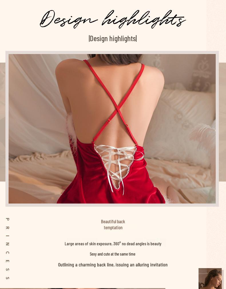 Gold Velvet Christmas Holiday Lingerie Set with Fluffy Edges and Backless Bow Design