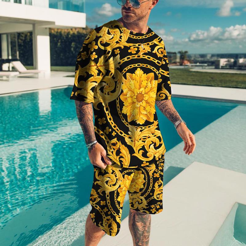 Herren Trainingsanzug Herren Übergröße Stoff T-Shirt Shorts Outfits Sets Streetwear Herren T-Shirt Anzug Sommer Vintage Muster 3D-Druck